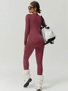 NcmRyu 1 Stück Damen nahtloser, thermisch gefütterter, schlankmachender, modischer, einfarbiger Stehkragen-Jumpsuit mit Reißverschluss, formend, hebend, für Outdoor-Fitness, Workout, Laufen, Yoga