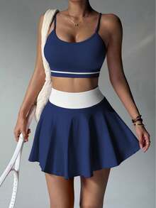 Women's Sports Suit With Vest And Skirt, Suitable For Sporty Casual - Màu xanh lam - Xem 2