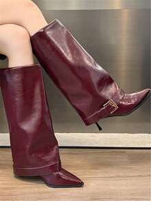 Fall/Winter Women's Elegant Slip-On Mid-Calf Boots, Minimalist Design, Versatile, Available In Red And Black, Stiletto Heel,Burgundy Heels - Anchor Red - View 4