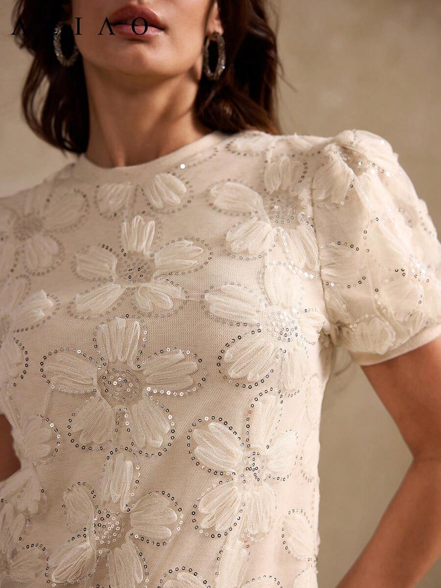 Aliao 优雅复古薄纱杏色短袖修身T恤，适合婚礼季、老钱风格、浪漫假日风格、夏季女士装、情人节、派对上衣、假日穿着 - 杏色 - 查看 1