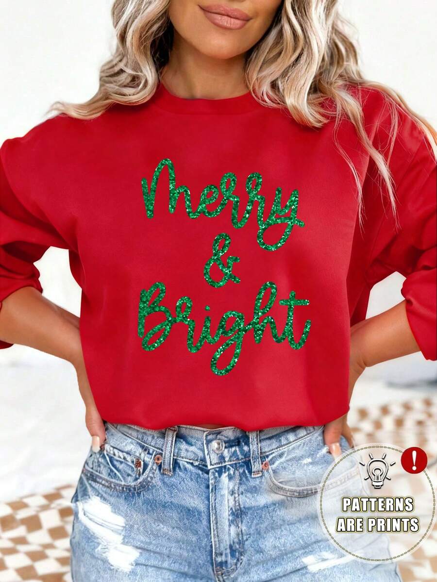 Sweat-shirt-shirt de Noël Joyeux et Lumineux, Sweat-shirt-shirt décontracté à encolure ras-du-cou à manches longues et épaules tombantes de haute qualité pour femmes, Automne et Hiver - Rouge - Voir 1