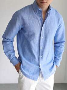 Men's Casual Bamboo Fiber Soft Breathable Commute Solid Color Button-Up Shirt - Màu xanh lam - Xem 2