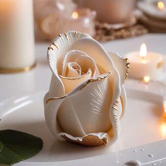 1pc Realistic Rose Silicone Candle Mold, Layered Petal Design With Golden Leaf Base - Reusable DIY Mold For Candle, Soap, Plaster, And Aromatherapy Crafts. Marble Texture In White And Gold, Suitable For Valentine's Day, Birthday, Mother's Day, Christmas, Thanksgiving, Wedding Gifts And Decor. Precise Petal And Leaf Design For Long-Term Use