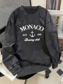 MONACO EST 1995 Racing Club Anchor Print Vintage-Style Sweatshirt, Retro Racing Monaco-Inspired Top, Plus Size Washed Sweatshirt, Crew Neck Long-Sleeve, Winter Lined, Women's Sports Pullover, Sweatshirt, Plus-Size Sportswear, Plus-Size Women's Clothing, Autumn And Winter Season, Comfortable Loose Fit, Plus-Size Autumn And Winter Apparel, Everyday Casual Wear.