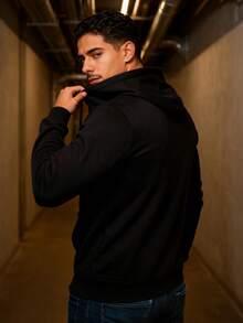 Sudadera con capucha y cordón para hombre, sudadera informal para hombre, sudadera con capucha unisex, sudadera con capucha sencilla de color liso - Negro - Ver 3