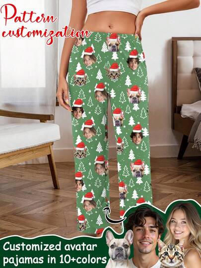 Customized Women's Sleep Pants With Unique Couple's Portrait, Couple Face Swap And Pet Face Swap Designs, Festive For Christmas, Fan Merchandise