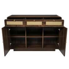 120cm Walnut Sideboard With Rattan And Gold Handles, 3 Drawers + 2 Cupboards + Open Shelf, Height-Adjustable Shelves, H85/W120/D40cm - 淺胡桃色 - 查看 11