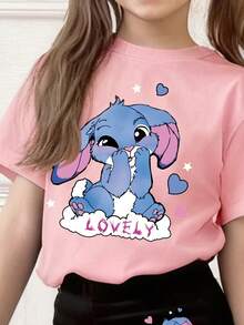 Conjunto de top de manga corta con estampado de dibujos animados y pantalones pitillo acampanados para niñas pequeñas - Rosa - Ver 3