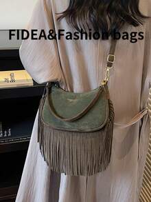 Túi xách Baguette đeo vai một bên dành cho nữ thời trang thu đông, chất liệu da lộn tua rua thanh lịch, phong cách đường phố, túi xách đa năng, thích hợp cho các buổi đi chơi, mua sắm, hẹn hò - màu xanh lá - Xem 8