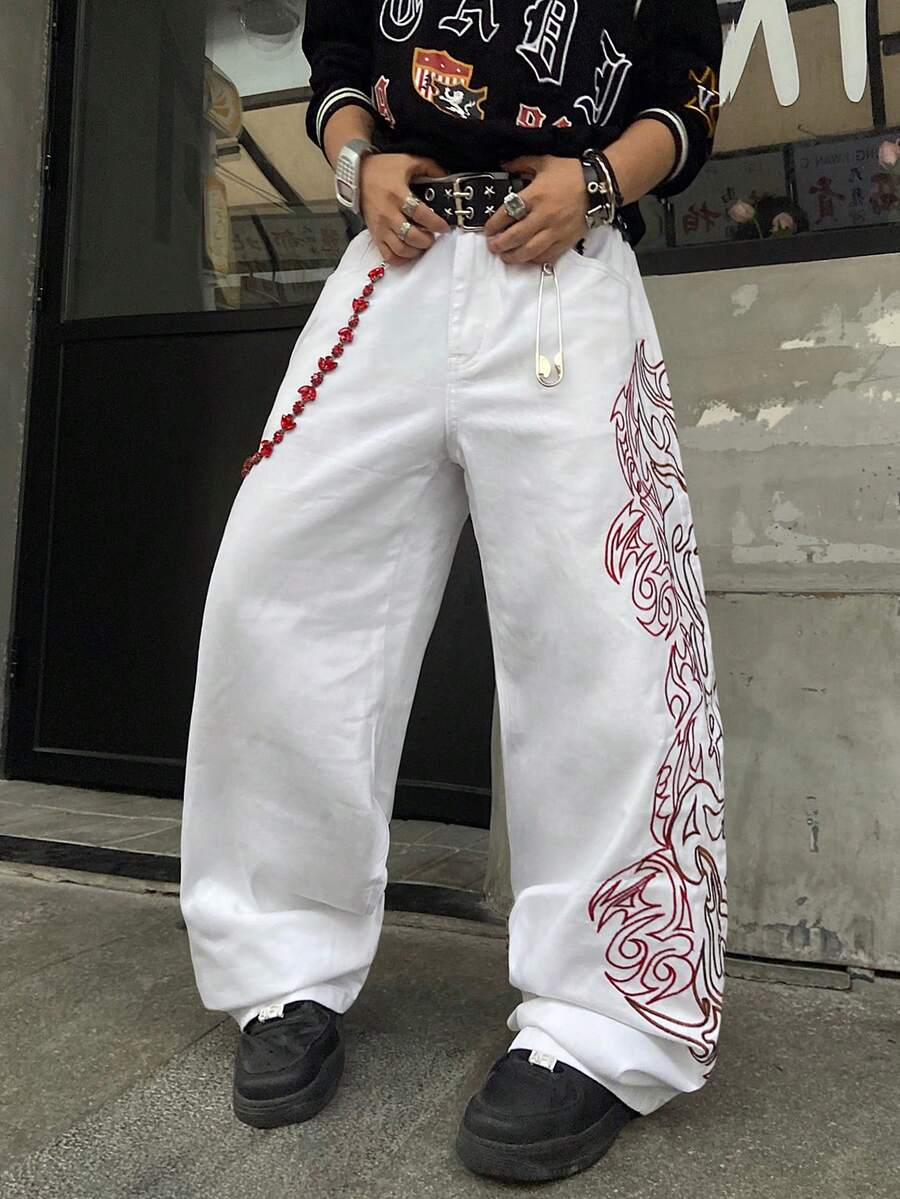 Infinite Jeans 1pc American Street Style Men's Embroidered Wide Leg Loose Comfortable High Street All Season Denim Jeans (Product Does Not Include Belt And Accessories) - White - View 1