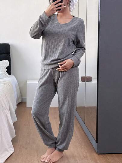2pcs Women Pink Crew Neck Long Sleeve Top And Pants Autumn/Winter Casual Comfortable Pajama Set