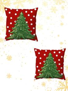 2件装圣诞红色圣诞树系列涤纶绒面抱枕套，沙发靠垫套（不含枕芯） - 紅色 - 查看 11
