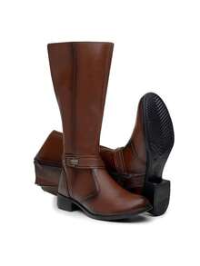 Bota Feminina Montaria Country Detalhe Metal Cano Longo Estampa Modelo Leve e macio Marrom - Marrom - Visão 3