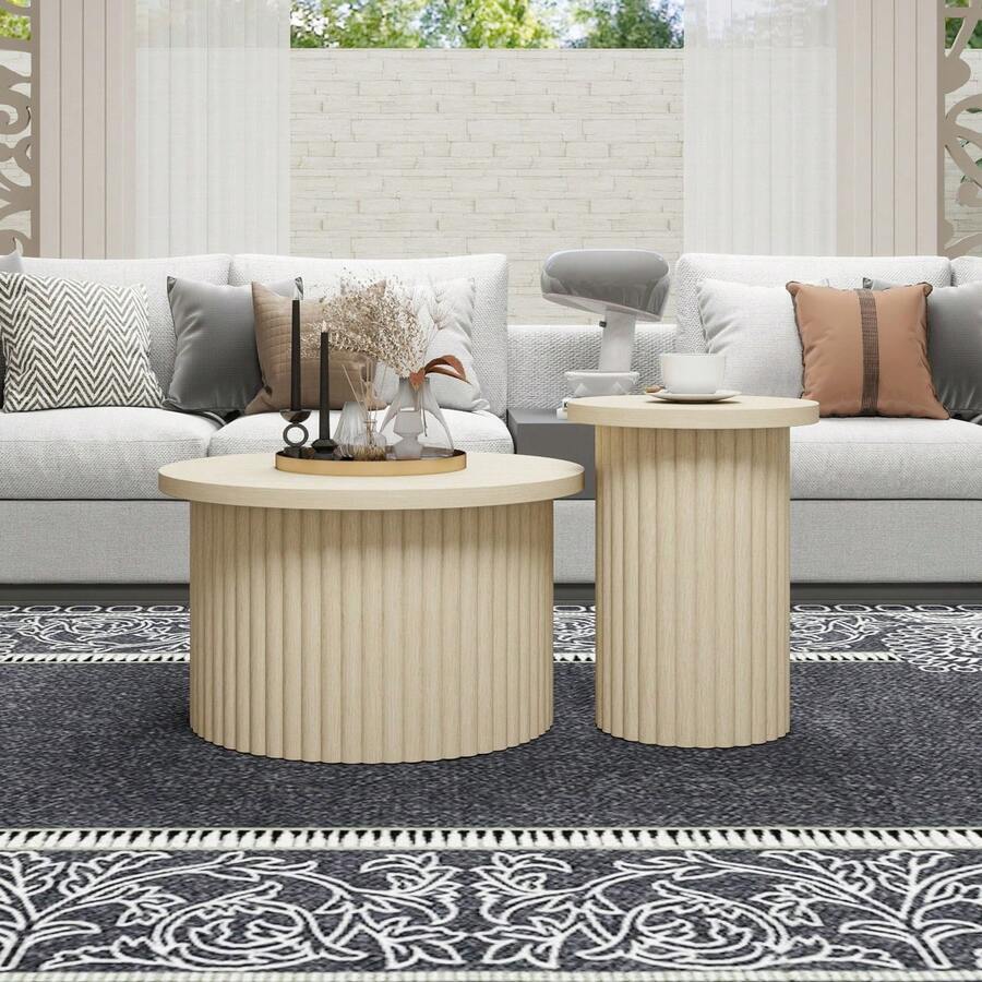 Set Of 2 Round Coffee Tables With Natural Wood Look And Wave-Shaped Structure - Integrated Side Table For Living Room, Bedroom, Study Or Office