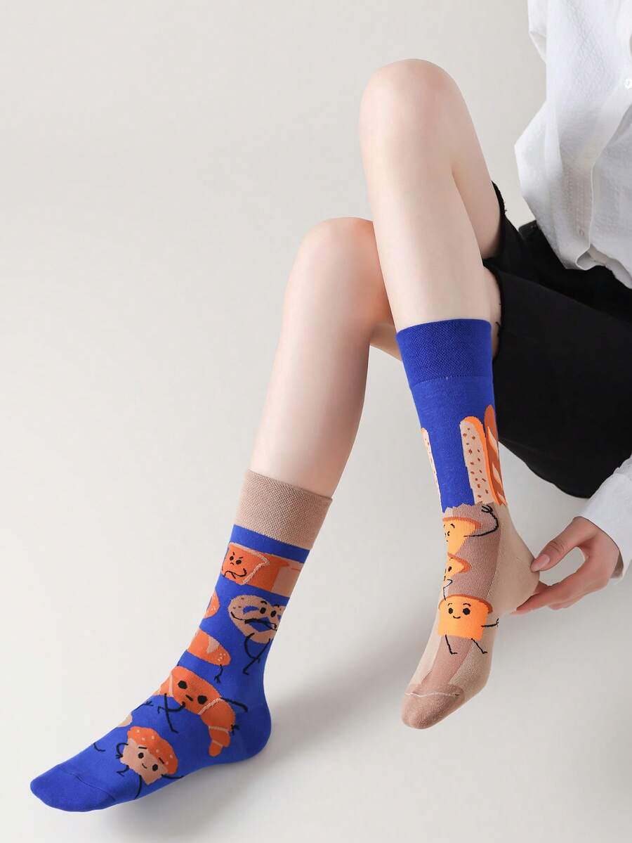 1 Pair Women's Funny Bread Design Mid-Calf Socks, Casual