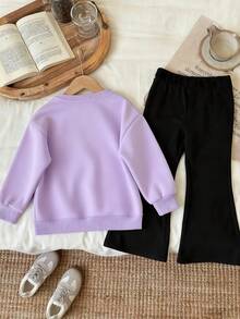 2pcs/Set Cartoon Girl Leopard Print Heart Casual Outfit, Comfortable & Versatile, Suitable For Outdoor Play In Spring & Autumn, Unique Style - Purple - View 2