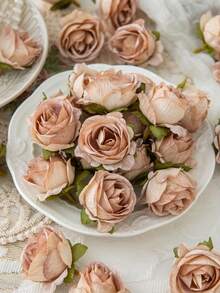 10朵浪漫丝绸玫瑰花头，人造花，适用于婚礼/家居/卧室/客厅/餐桌装饰、新娘捧花、母亲节 - 淺咖色 - 查看 4