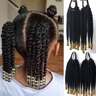 Loose Curly Style Short Ponytail Hair Extensions With Golden Or Silver Beads Heat-Resistant Synthetic Fiber For Gilrs Kids 1pc/ 2pcs 8 Inch