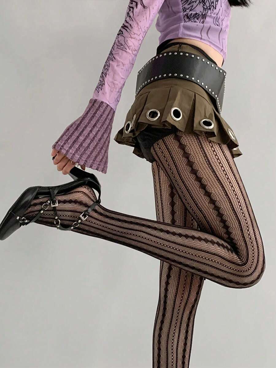 1 Pc Stockings Retro Stripe Thigh High Socks Women Romantic Sheer Tights Sexy Slim Fit For Home And Travel Daily Wear All Season Comfortable Stretchy Material Perfect Gift For Mother And Women Vintage Fashion Style - 黑色 - 查看 1