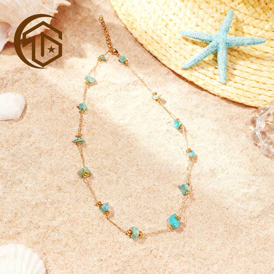 Zhenwei xina 1 chiếc vòng cổ bằng thép không gỉ đính đá ngọc lam tự nhiên phong cách Bohemian, thích hợp làm trang phục đi nghỉ cho phụ nữ hoặc làm quà tặng Ngày của Mẹ - Màu xanh lam - Xem 1
