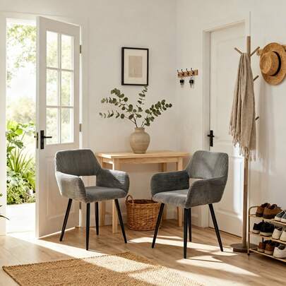 Meubles Cosy Zestaw 2 krzeseł do przedpokoju w stylu retro z kordu, z metalowymi nogami, wyściełanym siedziskiem i otwartym oparciem, idealnych do przedpokoju, w kolorze szarym