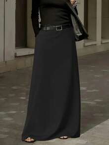 Fashionable Black Long Knit A-Line Skirt With Pockets, Medium Stretch Fabric