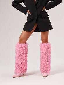 Fur Knee High Boots For Woman Stiletto Heeled Women's Boots  Furry Half Boots Wide Calf Pointed Toe Long Winter Boots - 粉色 - 查看 7