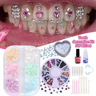 50pcs/Set Colorful Geometric Pattern Tooth Jewelry Set, Cute & Elegant Y2K Tooth Accessories, For Women Daily, Party, Gift (No Glue, With Box)