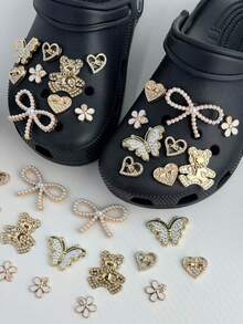 22pcs Elegant Gold Pearl Hole Shoe Charms Set - Butterfly, Heart & Teddy Bear Decor, Hollow Out Clogs Accessories - Gold - View 6