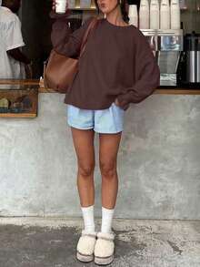 Suéter holgado de punto suelto PARA LA BELLEZA, adecuado para mujeres y niñas, nueva colección de primavera/verano de moda, elegante y suave jersey, versátil para uso diario, cómodo y casual, suéter oversize suave y acogedor, diseño de manga acampanada de unicolor minimalista, blusa delicada - Café con té oscuro - Ver 6
