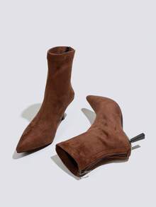 秋冬女士咖啡棕色踝靴，7厘米高跟，弹力修身靴，舒适时尚，尖头高跟鞋，猫跟 - 咖啡棕 - 查看 3