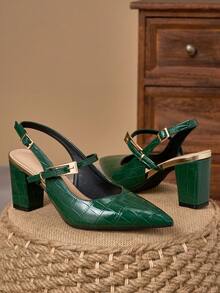 WHDXY Sepatu hak tinggi wanita elegan berwarna hijau dengan motif timbul, tebal, dan ujung runcing. Desain bertali yang nyaman, cocok untuk pesta/acara malam. - Hijau - View 4