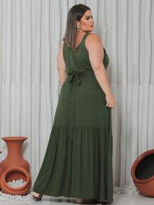 Long Wrap Dress With Thin Straps Made Of Smooth Viscose Linen. - 軍綠色 - 查看 4