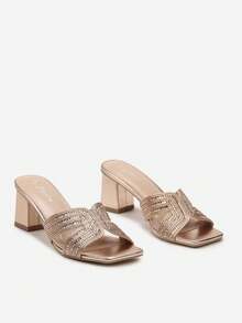 Sparkly Strappy Block Heel Sandals Women's Summer Party Shoes - Champagne - View 5