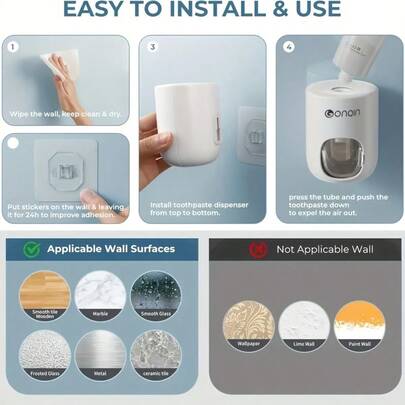 壁挂式牙膏分配器，带防尘罩，自动分配。适用于各种类型的牙膏，是家居和浴室的理想配件。安装无需钻孔。