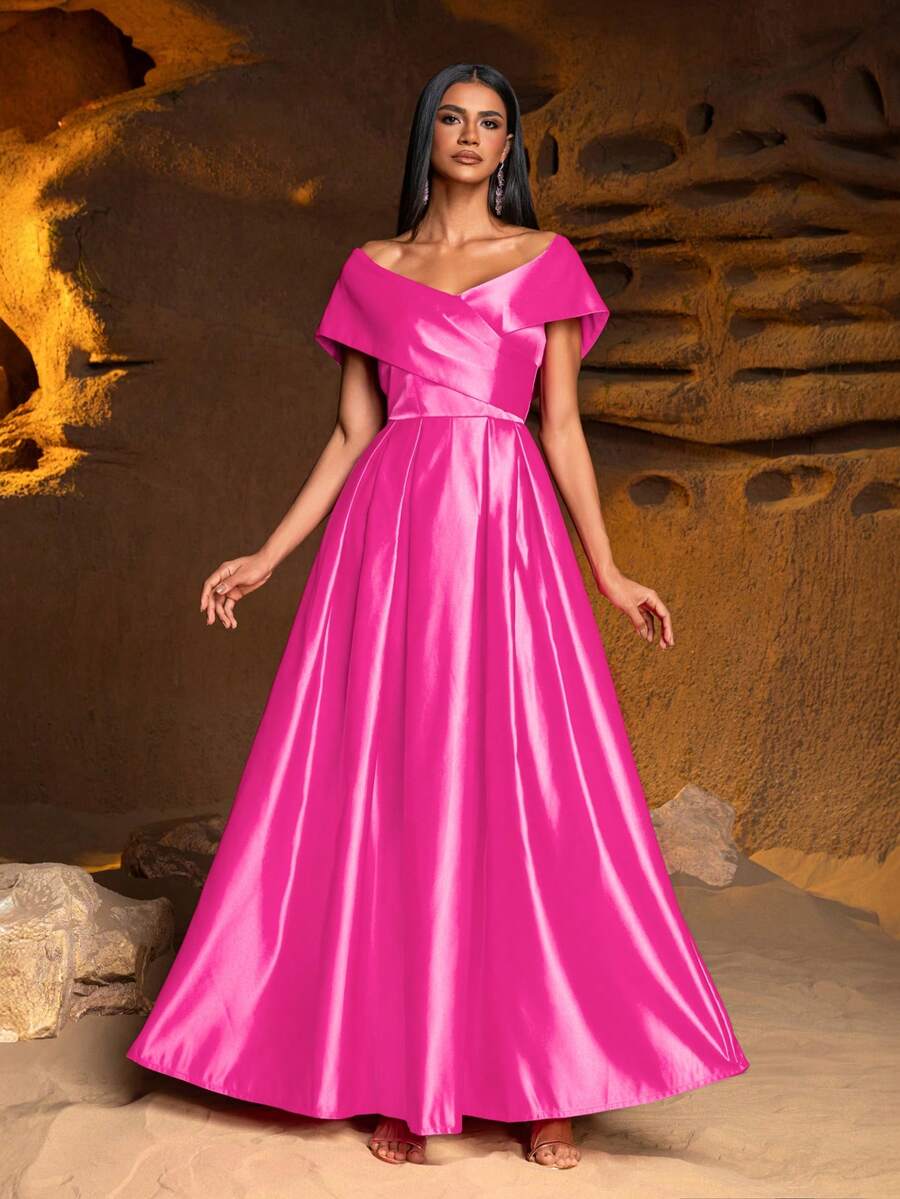 Faeriesty Vestido de Festa de Outono com Saia de Cetim Oversized de Comprimento Longo e Ombros à Mostra para Mulheres - Pink - Visão 1