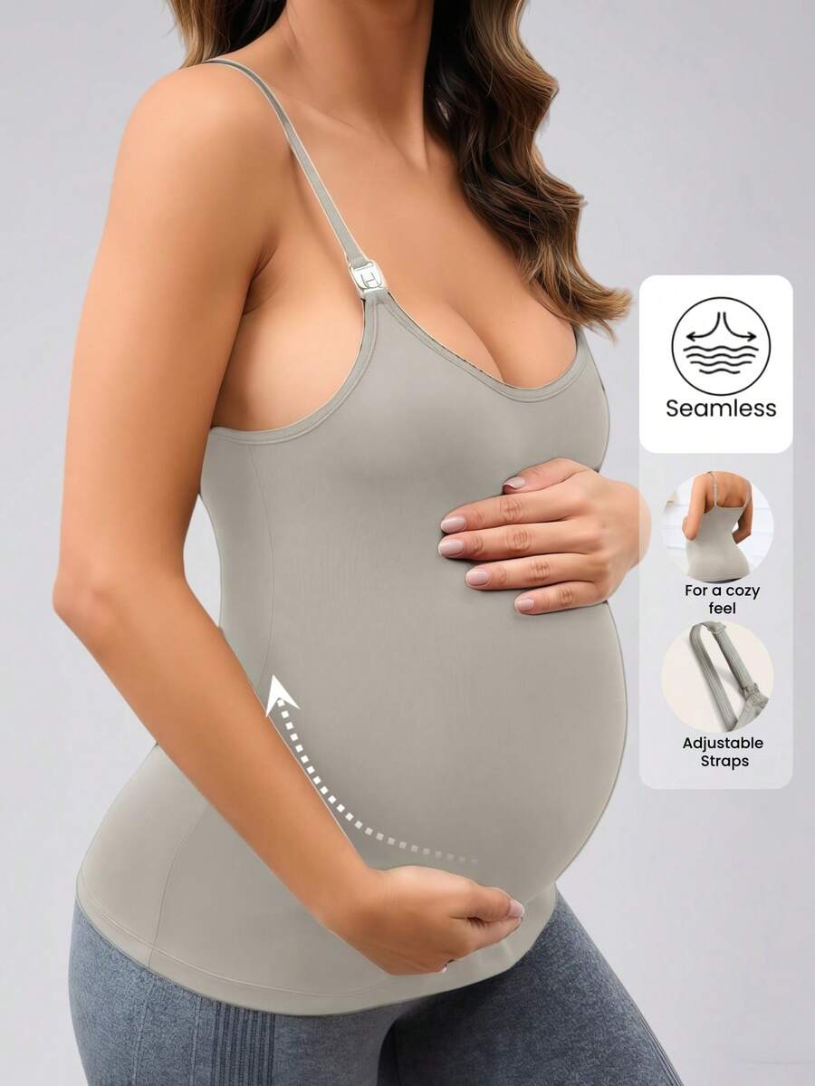 1pc Women Solid Color Seamless Adjustable Strap Camisole Tank Top, Maternity Wear, Comfortable Casual Yoga Sleep Camisole, Suitable For Daily Wear And Yoga