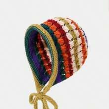 CAMEL CROWN Crochet wool hat ethnic style women's autumn and winter tassel warm cold hat bohemian style knitted hat - 橘藍綠條紋 - 查看 4