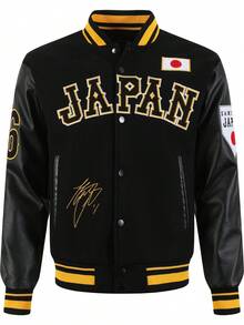 Men's Black Baseball Jacket High End Embroidered Leather Fashionable Street Style Sportswear Casual Classic Retro Sportswear Patchwork PU Long Sleeved Hip-Hop Motorcycle Jacket Coat - Black - View 1