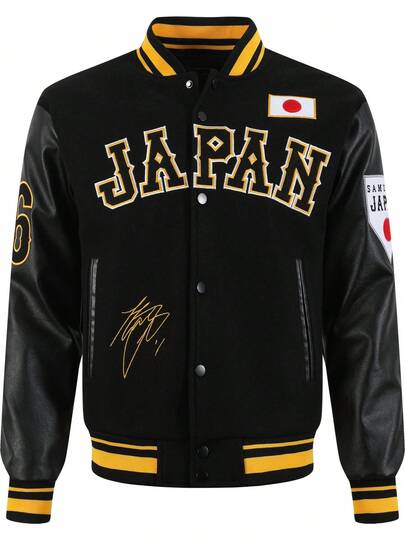 男士黑色棒球夹克 高端刺绣皮革 时尚街头风运动休闲经典复古运动服 拼接PU长袖嘻哈摩托车夹克外套