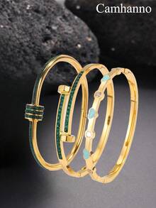 3 件简约小众不锈钢油滴心形手链，适合女性日常或特殊场合，时尚百搭，休闲、派对、情人节礼物 - 金黃色 - 查看 1