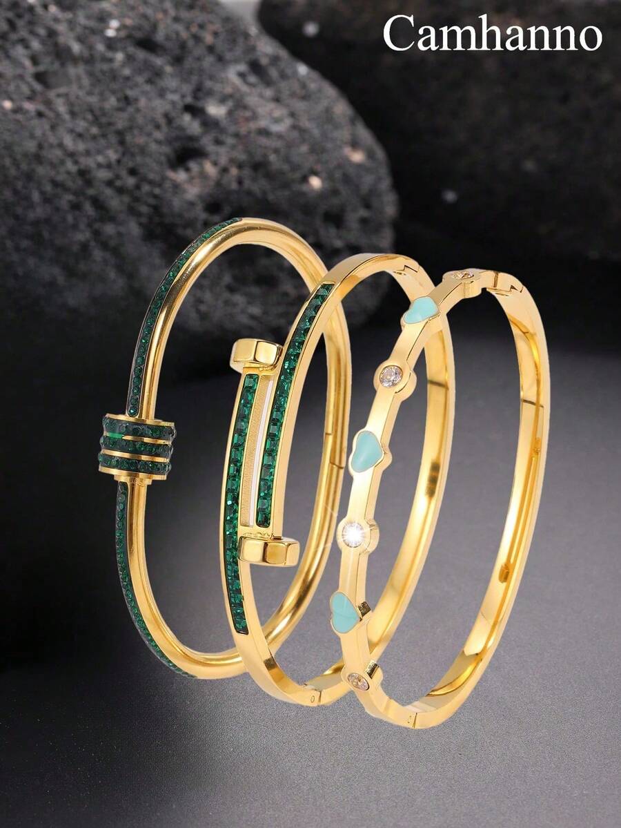 3 件简约小众不锈钢油滴心形手链，适合女性日常或特殊场合，时尚百搭，休闲、派对、情人节礼物 - 金黃色 - 查看 1