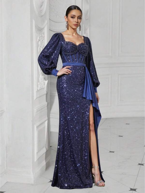 Robe élégante pour femmes avec col en cœur, manches lanternes à sequins, fente sur le côté et ourlet fendu