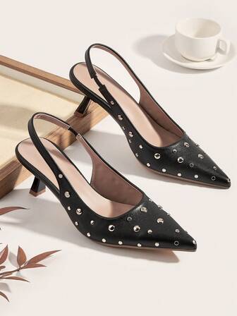 新款女士尖头高跟鞋，踝带设计，圆形铆钉装饰细高跟凉鞋，优雅专业，适合正式场合