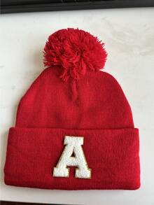 1 件针织帽，带绒球，适合男婴、女婴、儿童，简约风格冬季无檐小帽，适合户外活动和日常通勤 - 紅色 - 查看 11