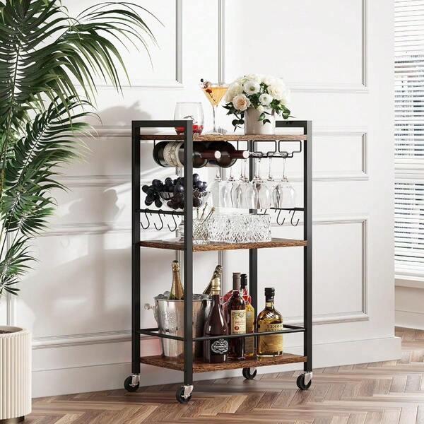 Bar Cart Home Bar Serving Cart With 3Tier Shelf Drink Cart With Wine Rack Glass Holder Rolling Bar Carts For The Home Living Room Brown BC01BB035
