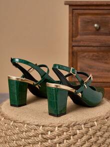 WHDXY Sepatu hak tinggi wanita elegan berwarna hijau dengan motif timbul, tebal, dan ujung runcing. Desain bertali yang nyaman, cocok untuk pesta/acara malam. - Hijau - View 3
