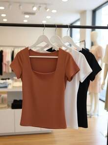 Set Of 3 Women's Baby Look Blouses With Square Neckline, Short Sleeves, Basic Shaping, Versatile, Casual Fashion, No Transparency, Fabric With Elastane, , Blogger Style, Affordable - BLACK-wHITE COCOA - View 1
