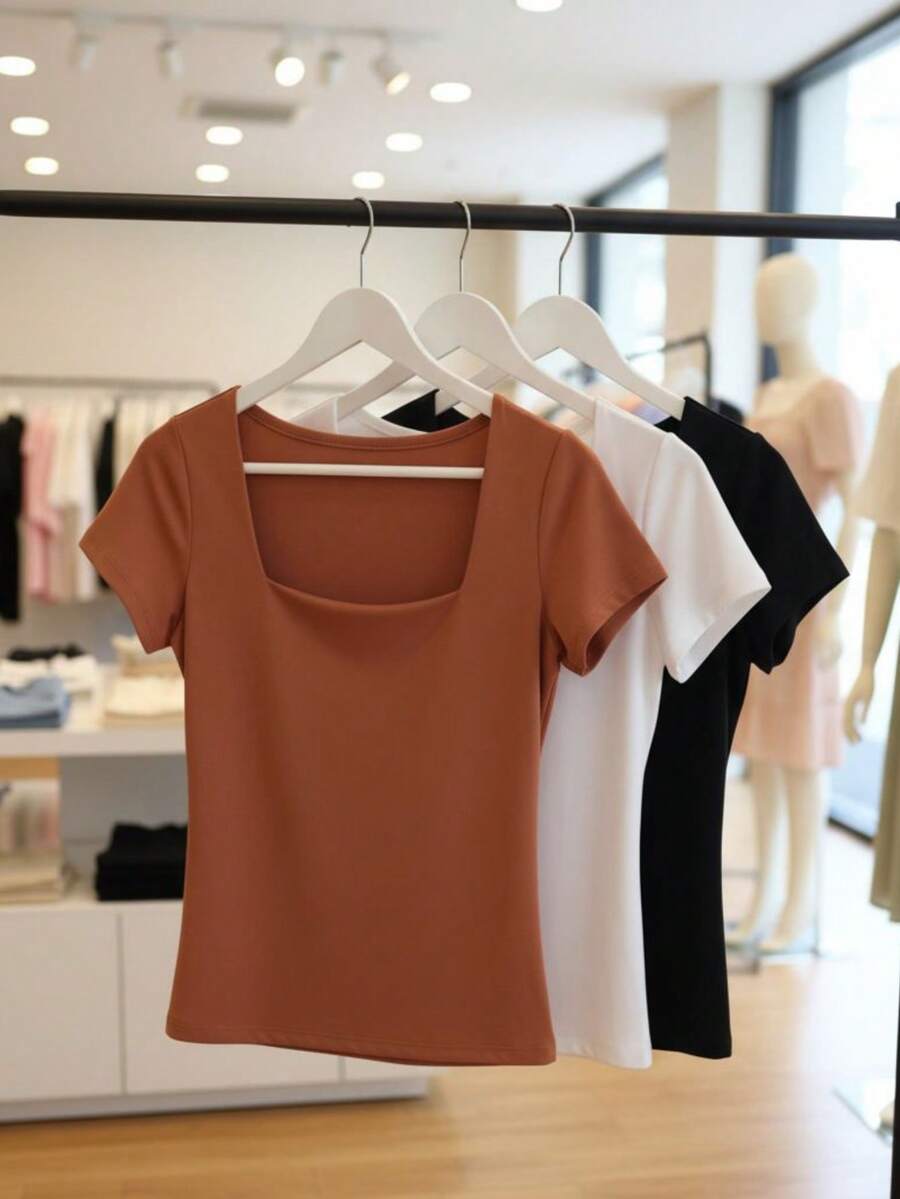 Set Of 3 Women's Baby Look Blouses With Square Neckline, Short Sleeves, Basic Shaping, Versatile, Casual Fashion, No Transparency, Fabric With Elastane, , Blogger Style, Affordable - BLACK-wHITE COCOA - View 1