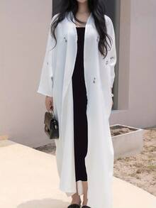 Middle Eastern Style Embroidered Abaya Robe, White Linen Fabric For Women - White - View 1